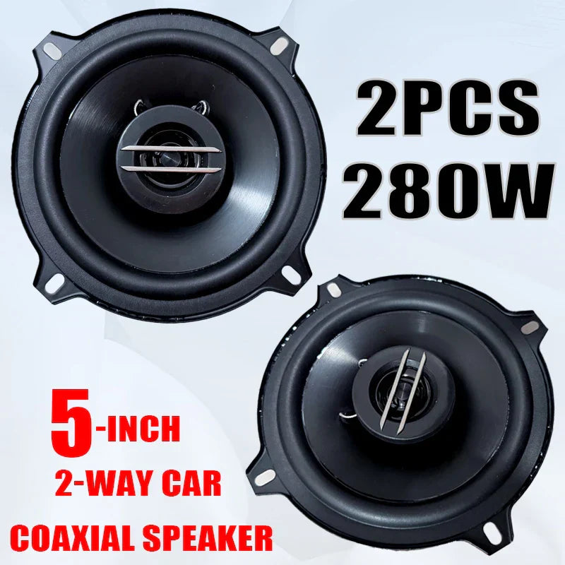 Black 5 inch hifi coaxial speaker with silver tweeter accents subwoofer 280w car audio for automotive use