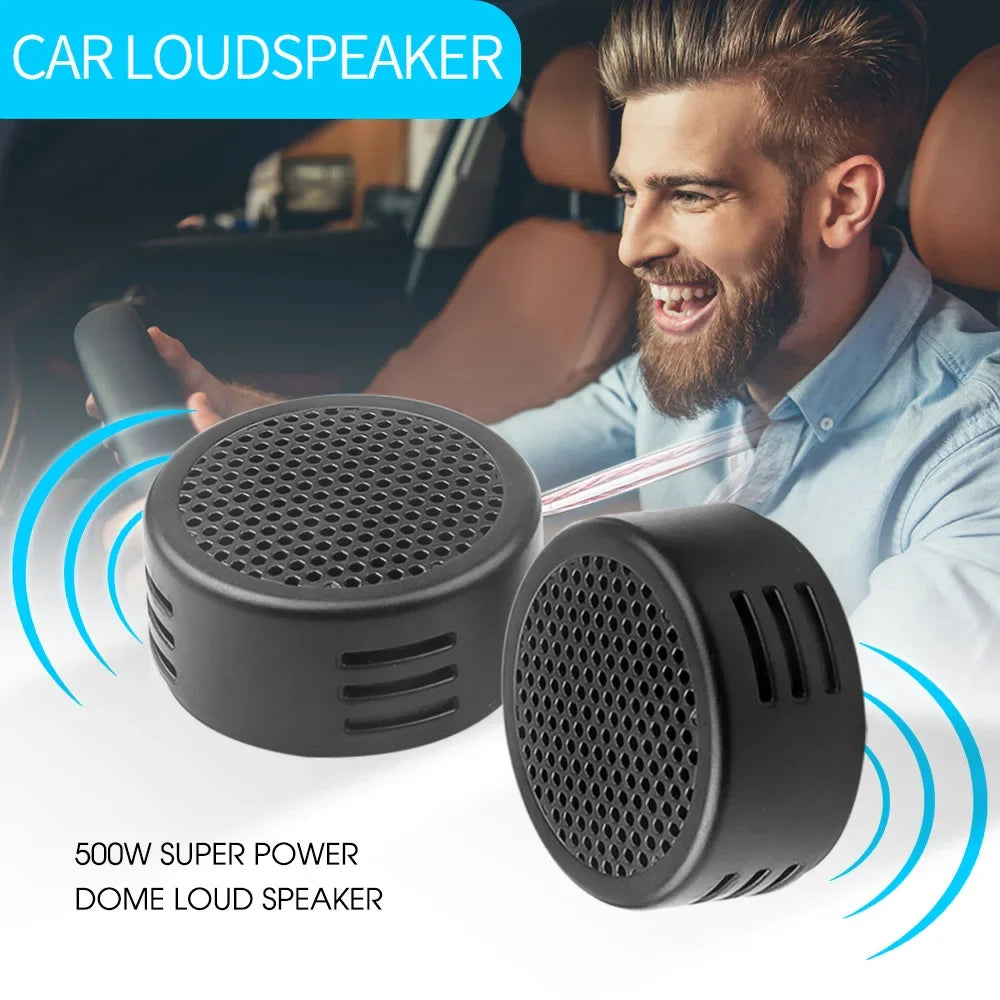 Black circular 2pcs 500w tweeter car loudspeaker with perforated grille and side vents for auto audio music system subwoofer electronic modification