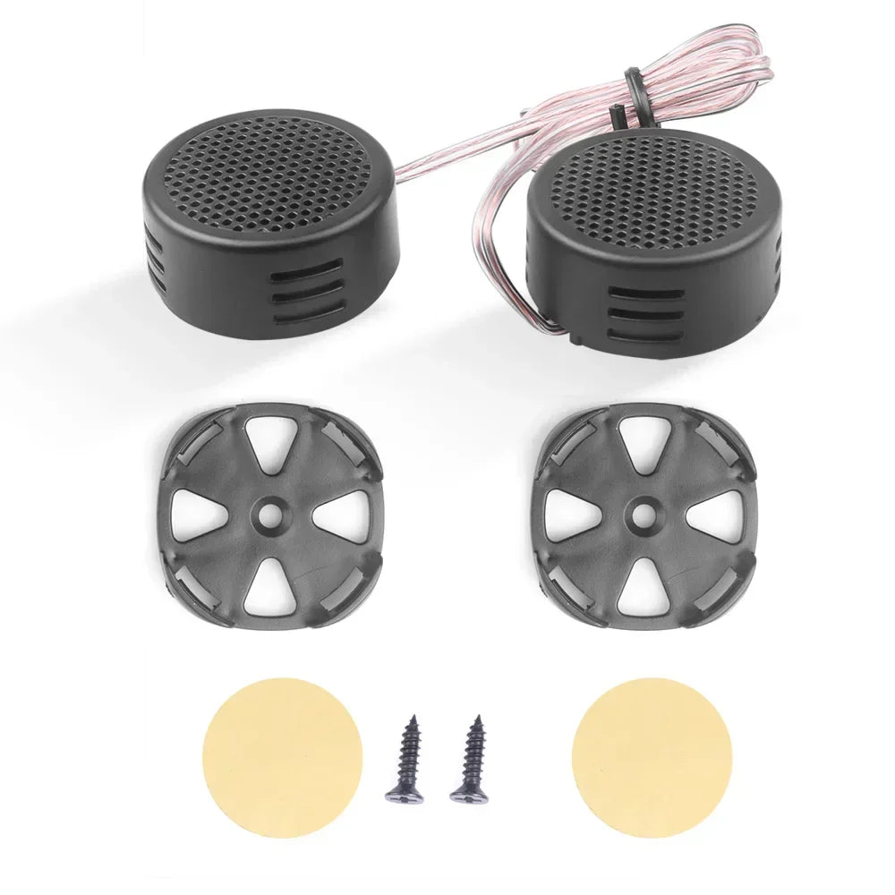 Black circular 2pcs 500w tweeter speakers with perforated grilles and wiring for door auto audio subwoofer modification