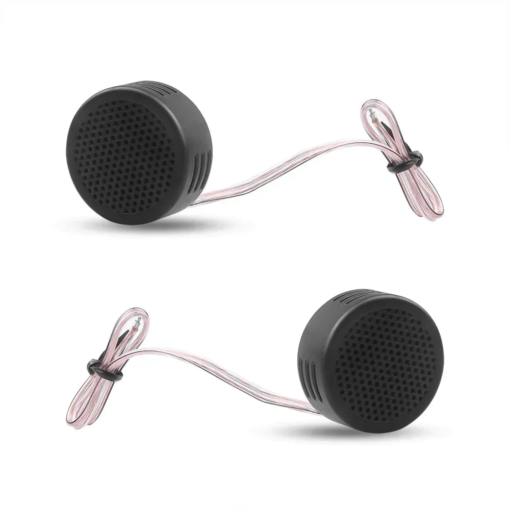 Black circular 2pcs 500w tweeter speakers with perforated grilles and clear wiring for auto audio music system subwoofer electronic modification