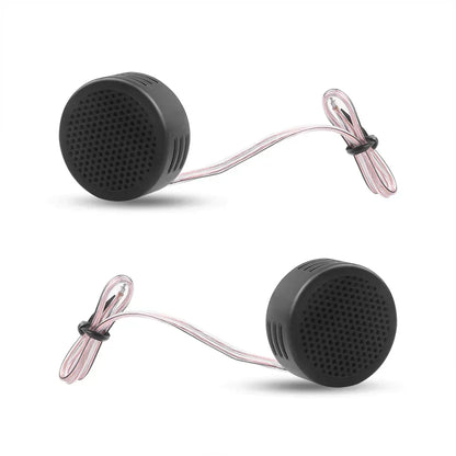 Black circular 2pcs 500w tweeter speakers with perforated grilles and clear wiring for auto audio music system subwoofer electronic modification