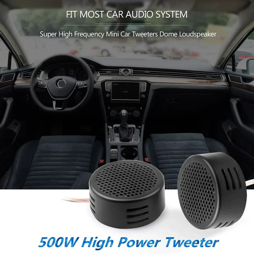 Black dome-shaped 2pcs 500w tweeter speakers with perforated grille and side ventilation for door auto audio subwoofer modification
