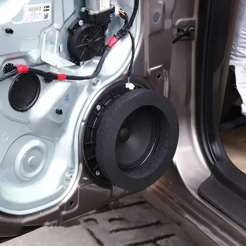 Black circular car door soundproof cotton speaker with bass ring foam and metal frame mounted in door panel
