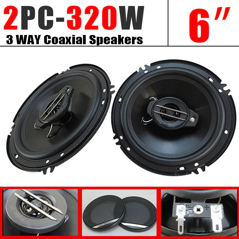 Black 6 inch 3 way universal car coaxial speakers with metallic accents for truck door speakers surround sound system