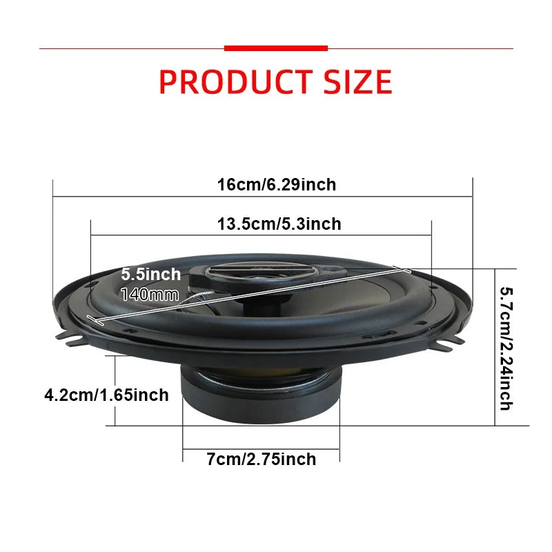 Black 6.29 inch universal car coaxial speaker with detailed dimensional markings for truck door speakers surround sound system