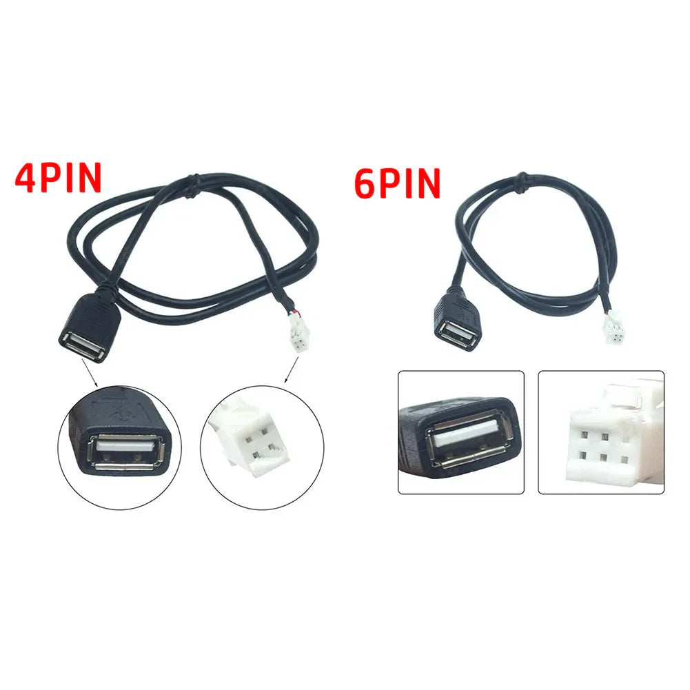 Black 4pin and 6pin usb extension cable adapters with white multi-pin plugs for car radio stereo and car usb cable use