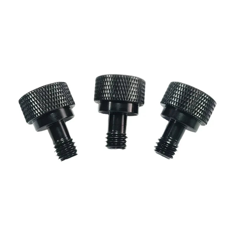 Three black textured knurled adjustment knobs with threaded shafts for drum microphone clamp and microphone clamp shockproof use
