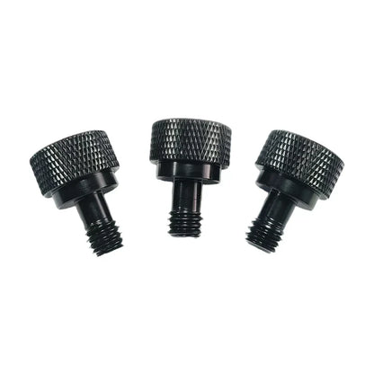 Three black textured knurled adjustment knobs with threaded shafts for drum microphone clamp and microphone clamp shockproof use