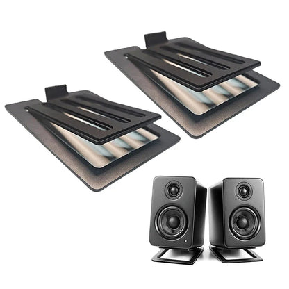 Black rectangular desktop speaker stands with slotted design foam padding and matte finish for shock absorption and sound enhancement