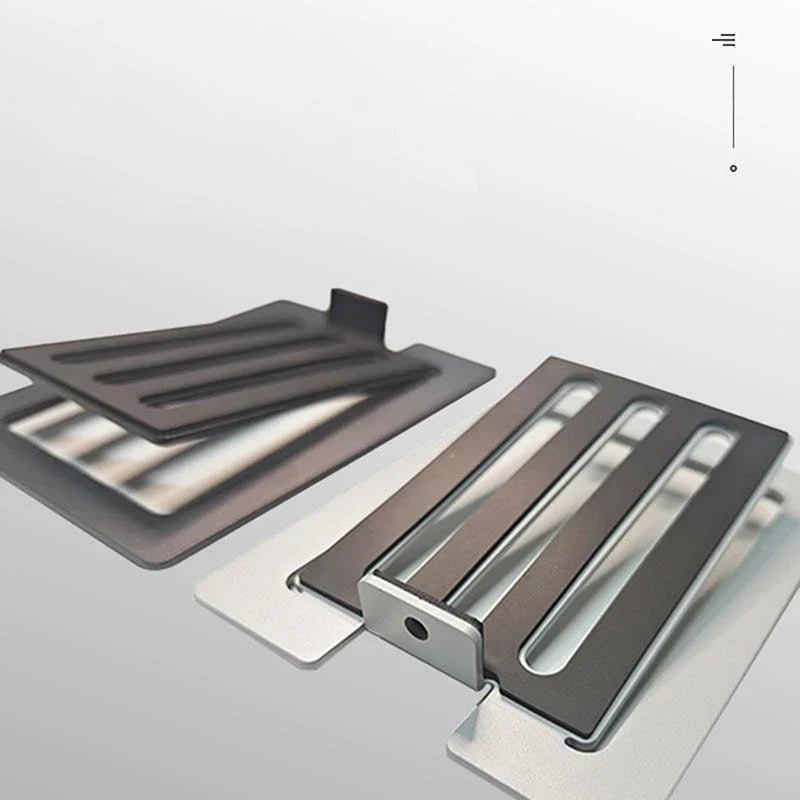 Modern black and silver metal desktop speaker stand with crumb trays for enhanced spatial sound and shock absorption