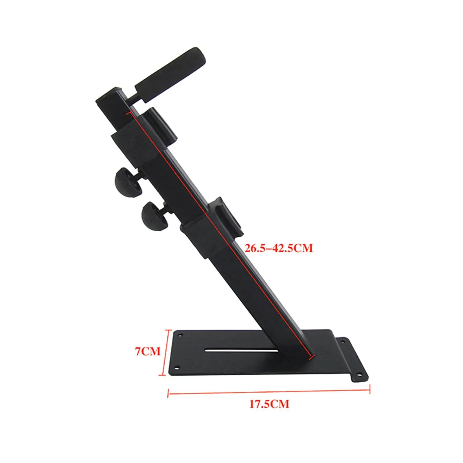 Black metal adjustable monitor stand with flat base and height range 26.5 to 42.5 cm for slip portable guitar display