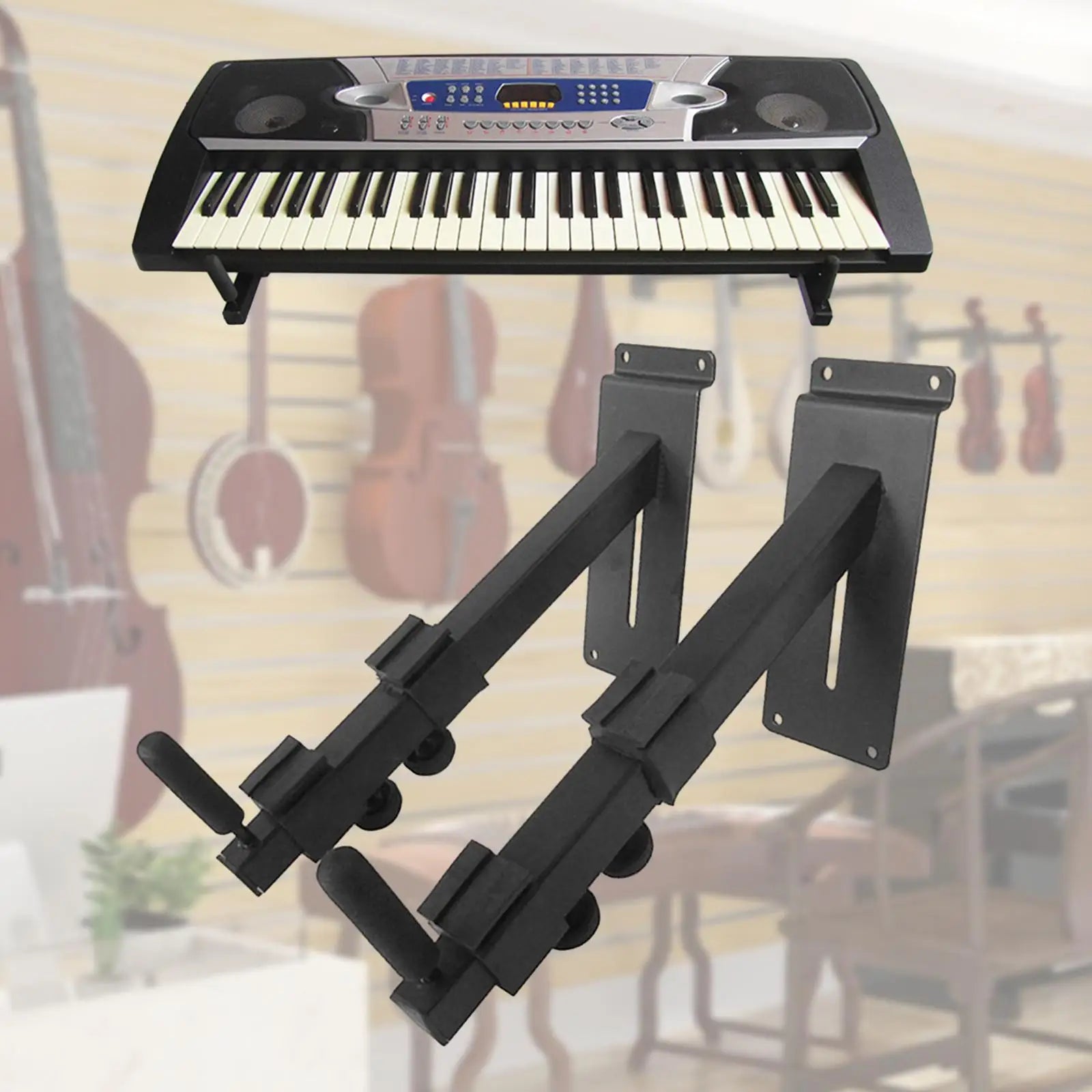 Black metal guitar hanger display stand with adjustable arms and wall brackets for acoustic guitar mandolin and bass