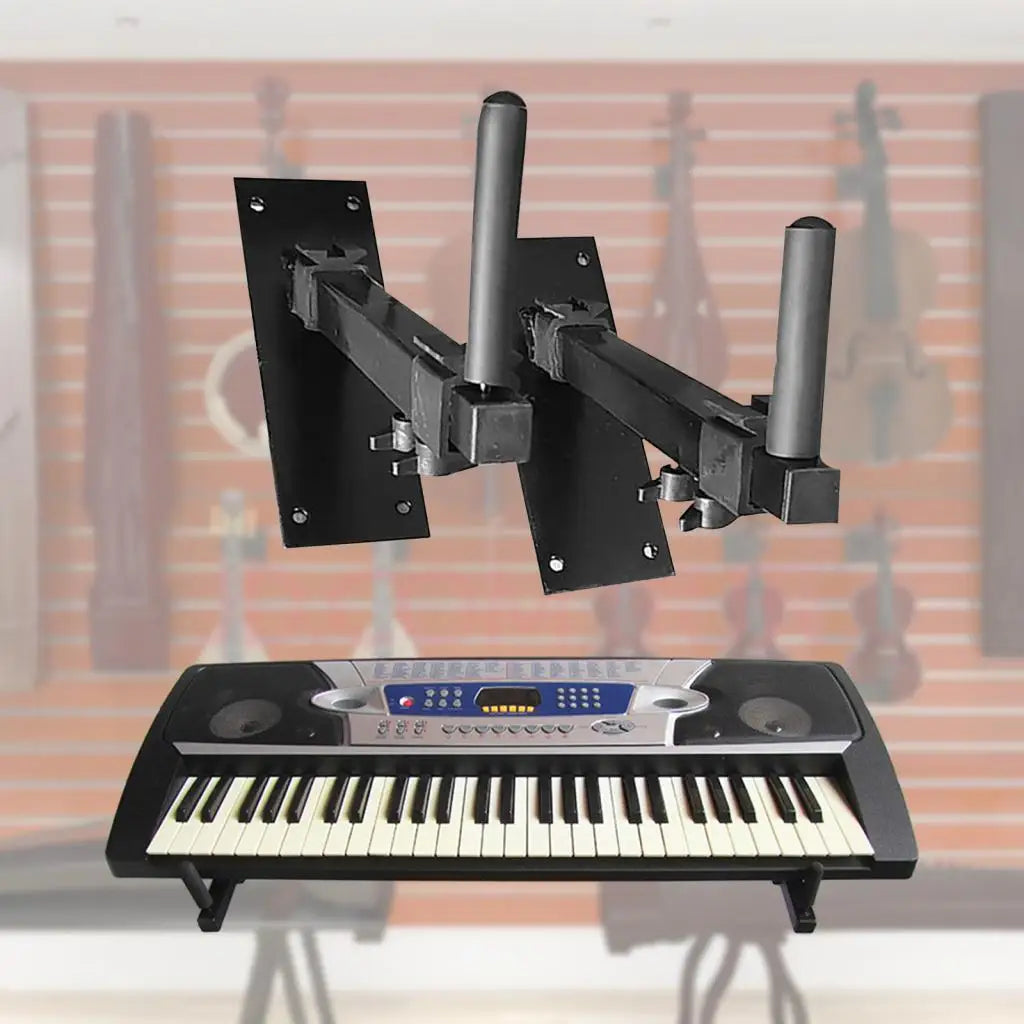 Black metal keyboard wall mount with adjustable arms for securing electronic piano and slip portable guitar hanger display
