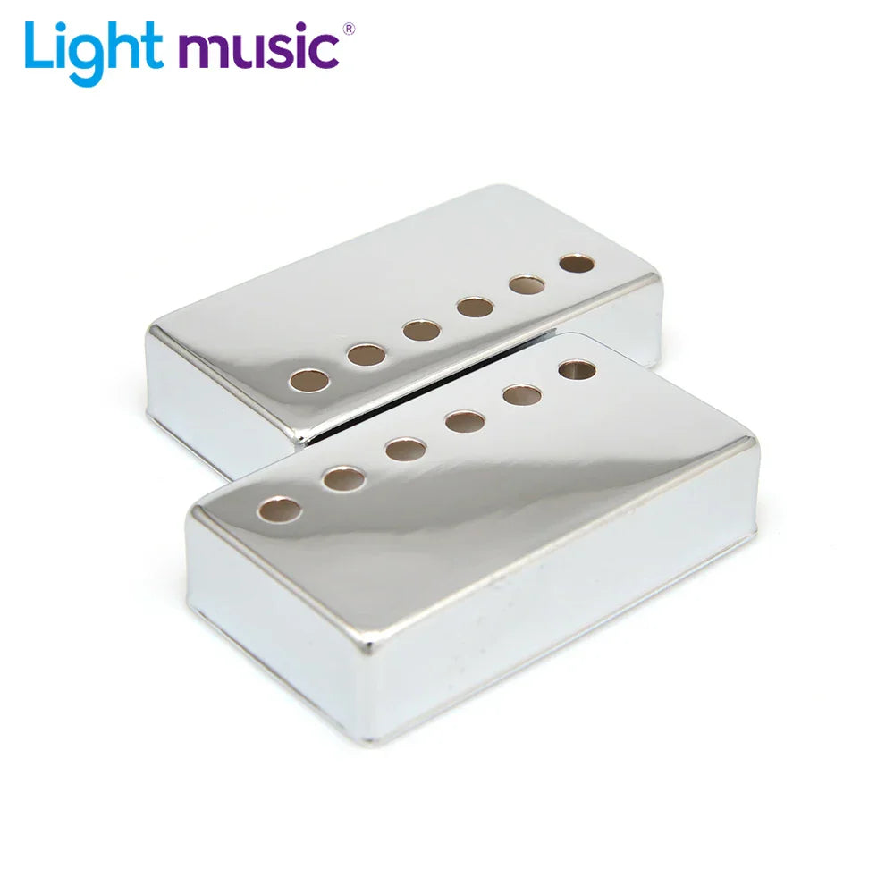 Two chrome-finished humbucker lp guitar pickup covers with 50mm pole spacing and six mounting holes each