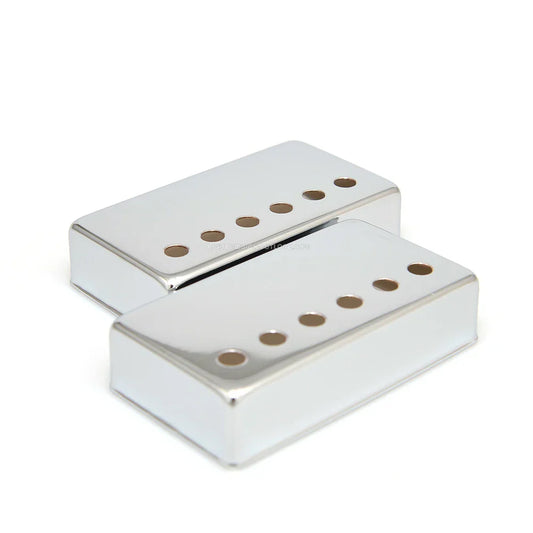 Two chrome humbucker lp guitar pickup covers with 50mm pole spacing and six adjustable pole pieces each