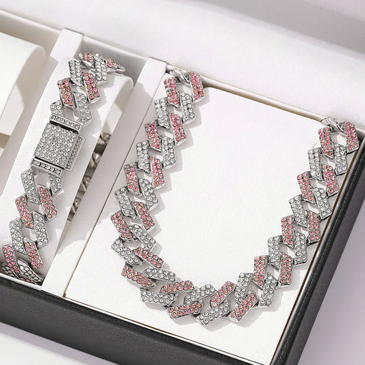 High quality hip hop 2pcs jewelry set featuring a geometric cuban chain necklace and bracelet with pink rhinestones