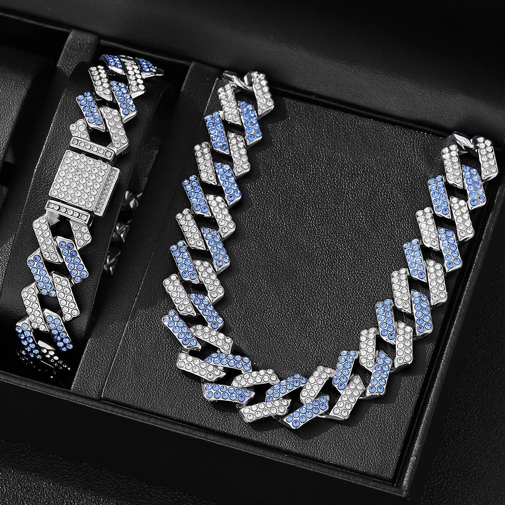 Blue and silver diamond-encrusted 2pcs jewelry set featuring high quality hip hop geometric Cuban chain necklace and bracelet