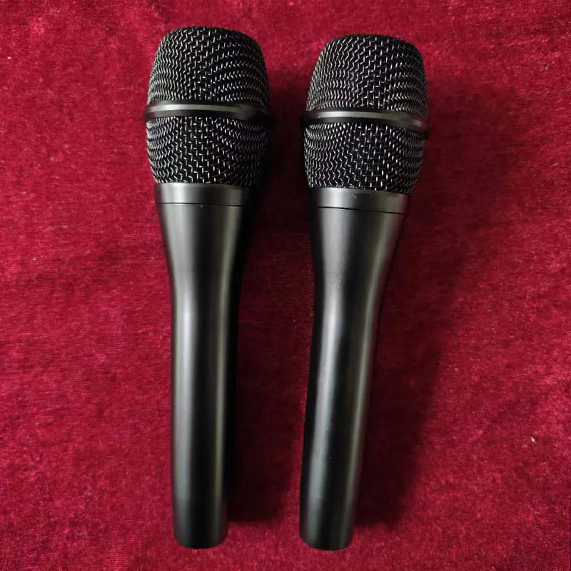 Two black ksm9 professional karaoke dynamic vocal classic microphones with textured mesh grilles and metallic bands for clear sound stage performance
