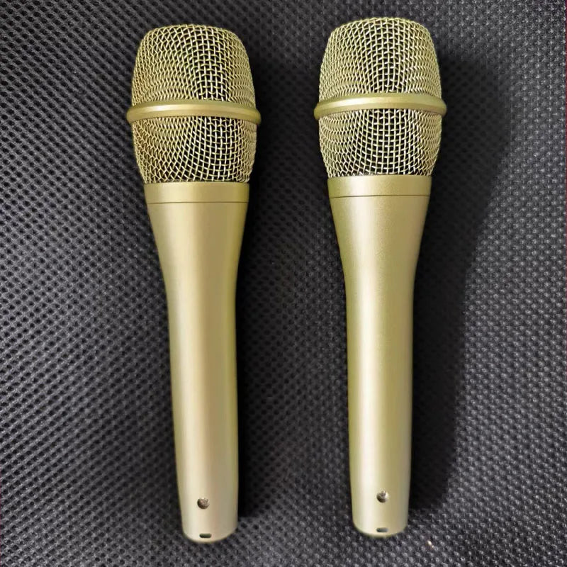Two gold-colored ksm9 professional karaoke dynamic vocal classic microphones with mesh grilles for clear sound stage performance