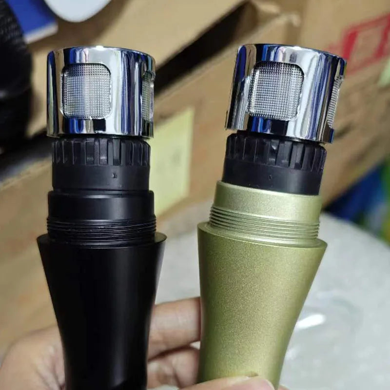Two handheld ksm9 professional karaoke microphones with black matte and olive green metallic bodies and chrome mesh tops