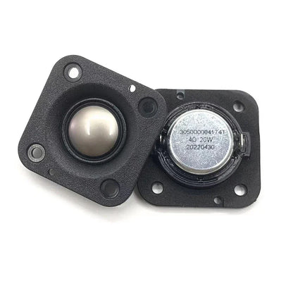 Black square audio speaker drivers with metallic silk membrane hifi music and ohm 20w tweeter specifications on back