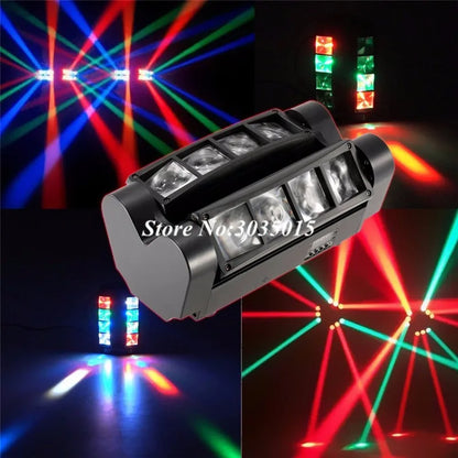 Black metal 8x3w mini led spider light sound projector with multiple lenses emitting red green and blue beams for stage use