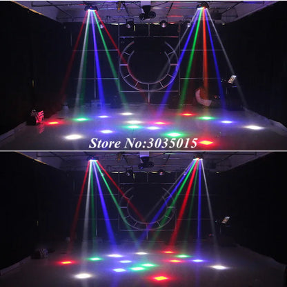 Multi-colored 8x3w mini led spider light sound mode projector casting vibrant red green blue and white beams on stage