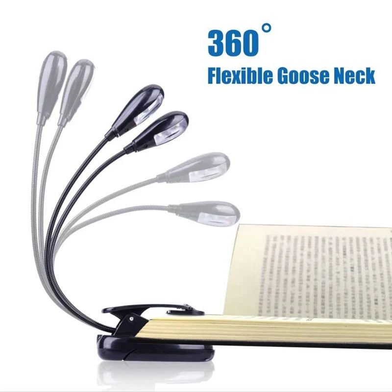 Black clip-on music stand light with flexible gooseneck arms and translucent lamp heads led book lights 360 degree adjustable clip