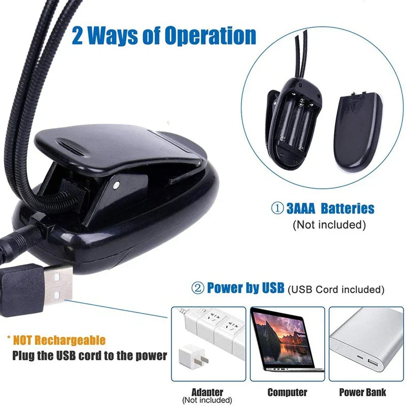 Black plastic clip-on music stand light with flexible gooseneck usb powered led book lights and 360 degree adjustable clip