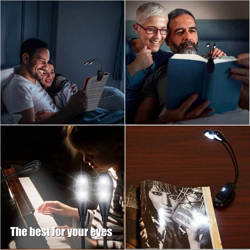 A sleek black clip-on music stand light with dual bright led book lights and a 360 degree adjustable clip gooseneck