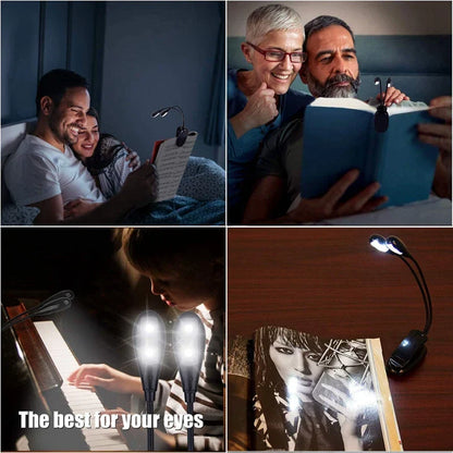 A sleek black clip-on music stand light with dual bright led book lights and a 360 degree adjustable clip gooseneck