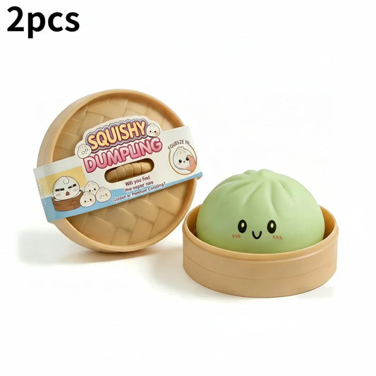 A soft light green large baozi toy with a smiley face in a tan plastic steamer basket for music decompression simulation