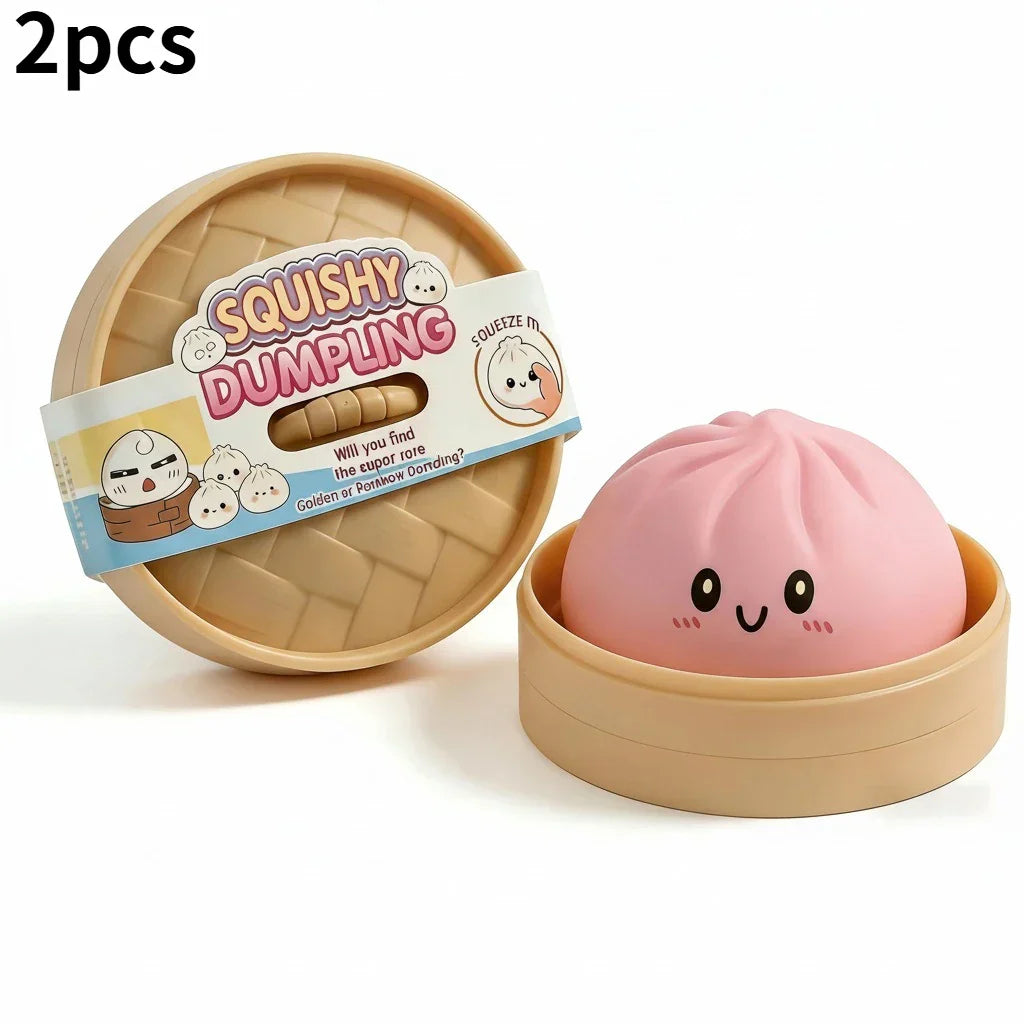Pink squishy dumpling large baozi toy with smiley face in beige plastic steamer basket for kneading music decompression