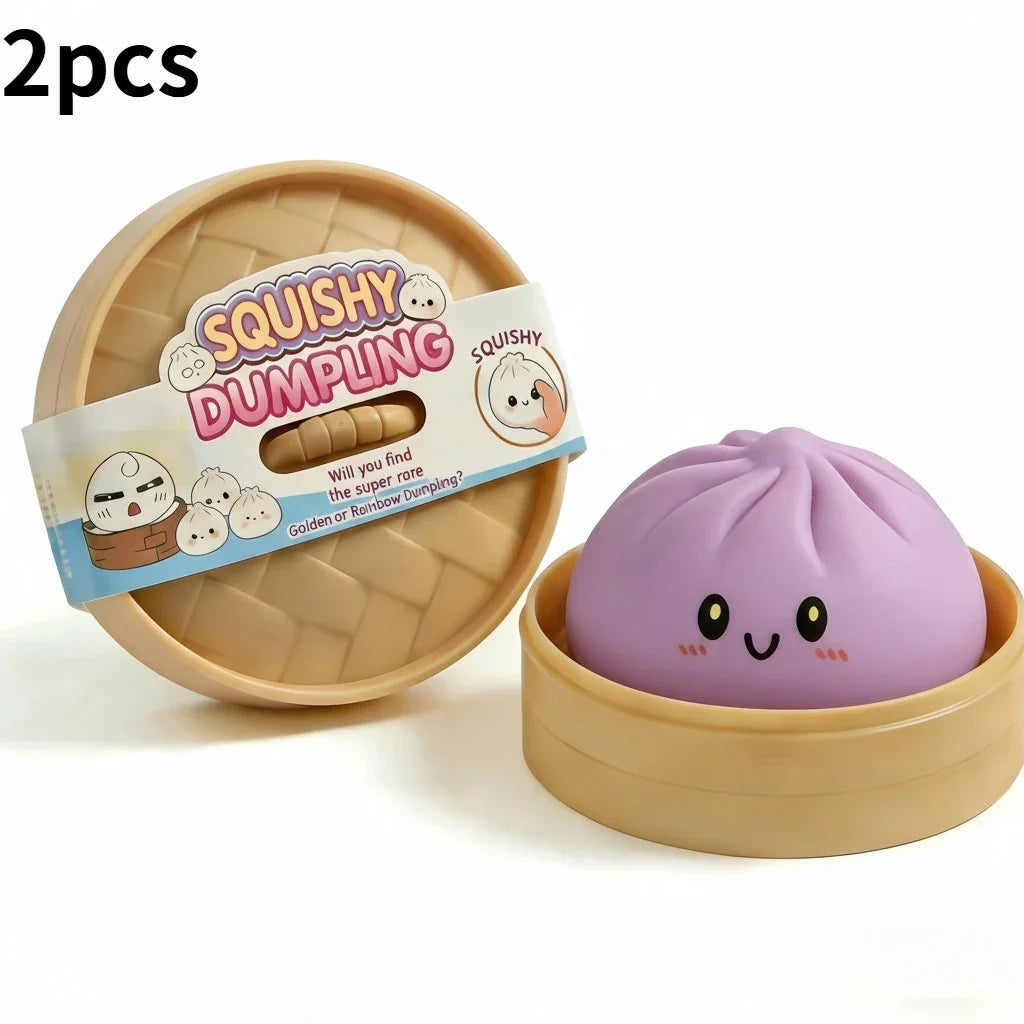 A purple large baozi toy with a cute face in a beige plastic steamer basket for kneading music decompression
