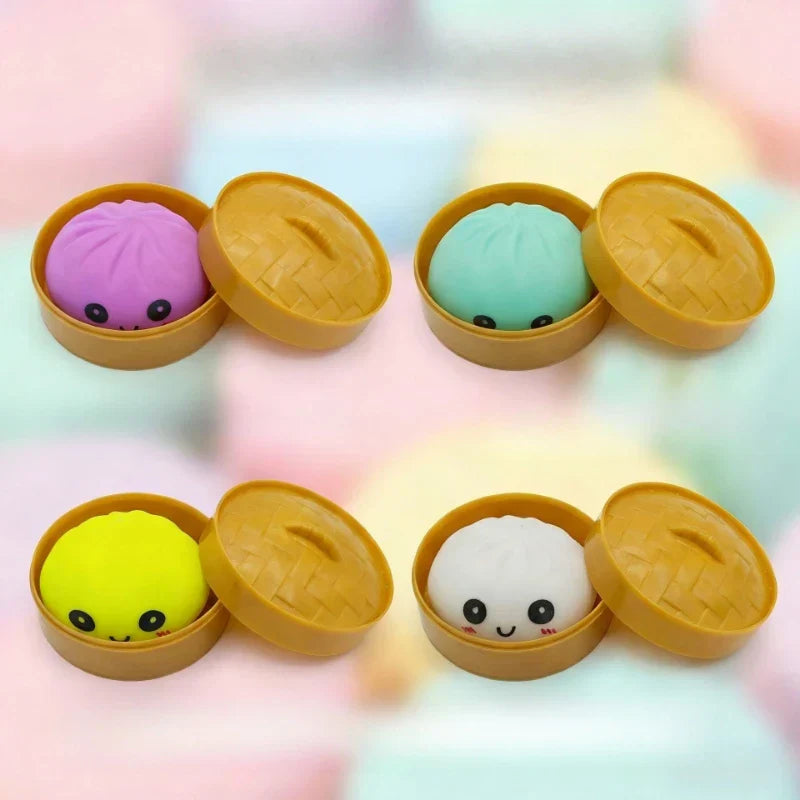 Colorful silicone large baozi toy in bamboo steamer containers featuring kneading music decompression simulation