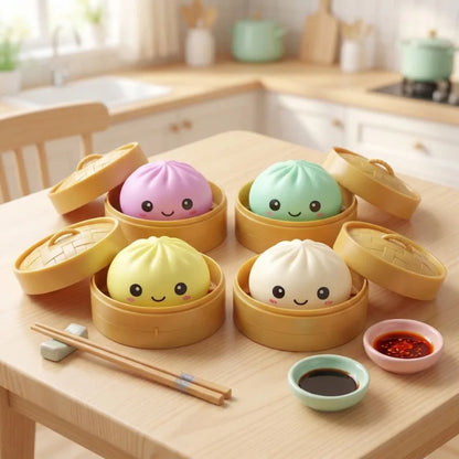 Four colorful cartoonish large baozi toy dumplings with smiley faces in bamboo steamers for music decompression simulation