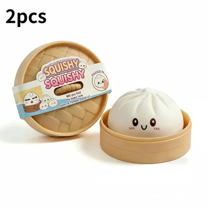 White squishy large baozi toy with smiley face in beige plastic steamer basket for music decompression simulation