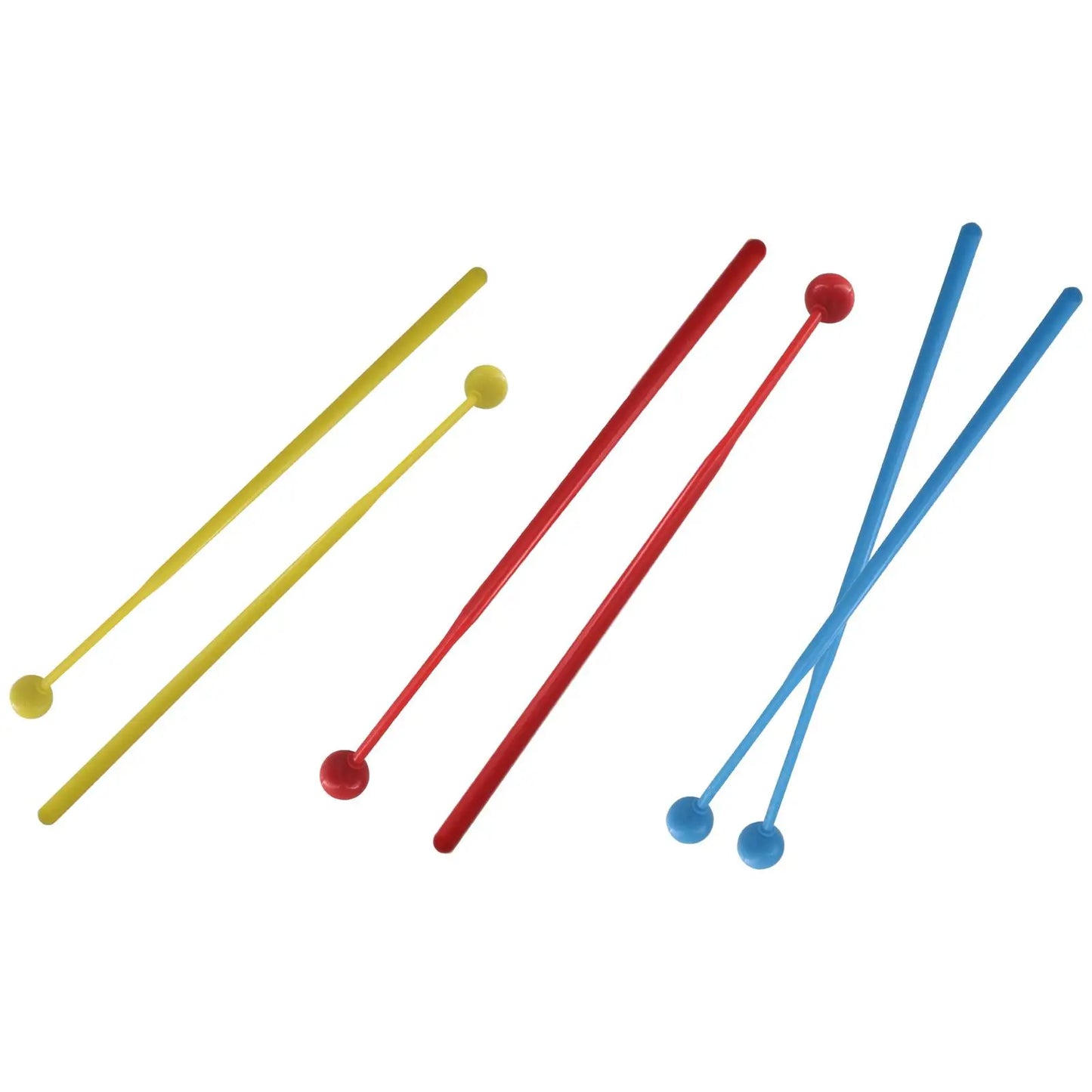 Set of colorful plastic percussion mallets xylophone sticks in yellow red and blue for musical toys drumstick use