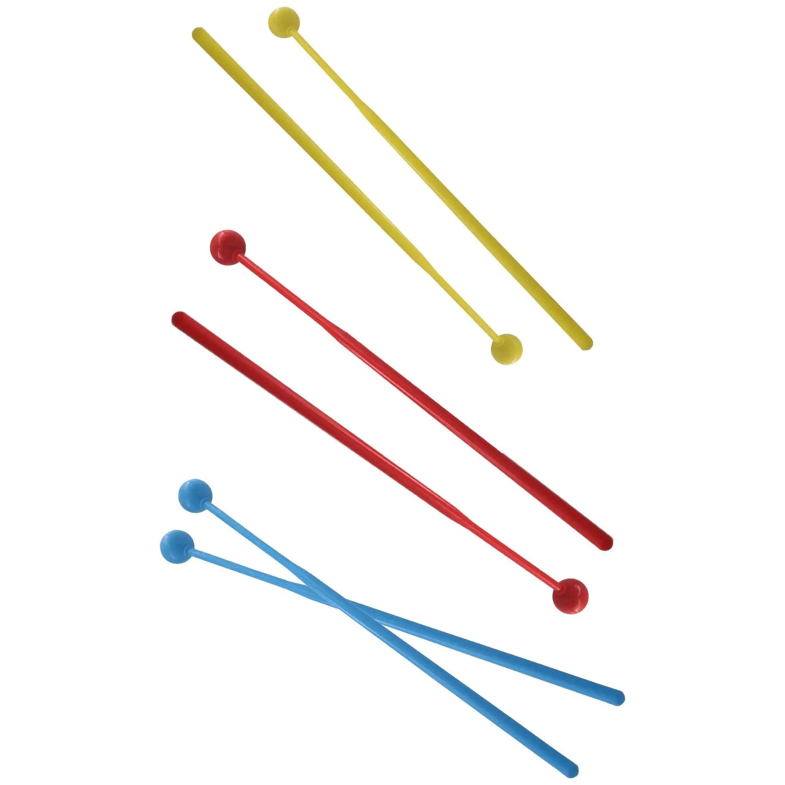 Set of colorful yellow red and blue plastic percussion mallets xylophone sticks with rounded heads for musical toys drumstick use