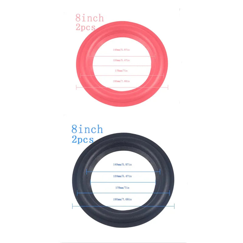 Two 8 inch red and black rubber ring edge speaker repair parts for speaker surround repair and loudspeaker restoration