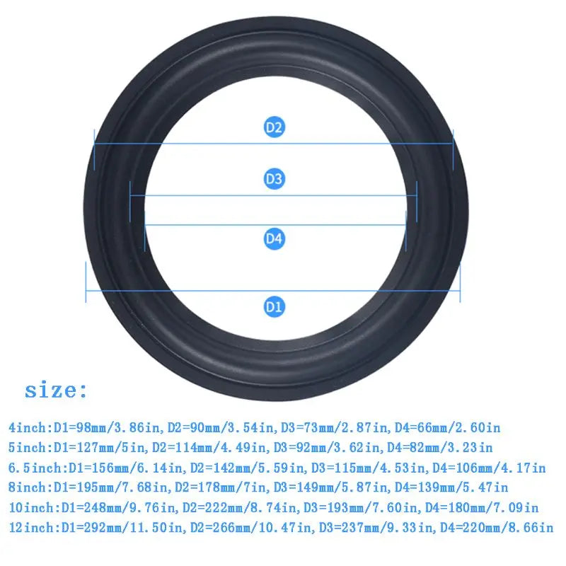 Black rubber ring edge speaker repair parts with precise dimensional markings for speaker surround repair sizes 4 to 10 inches