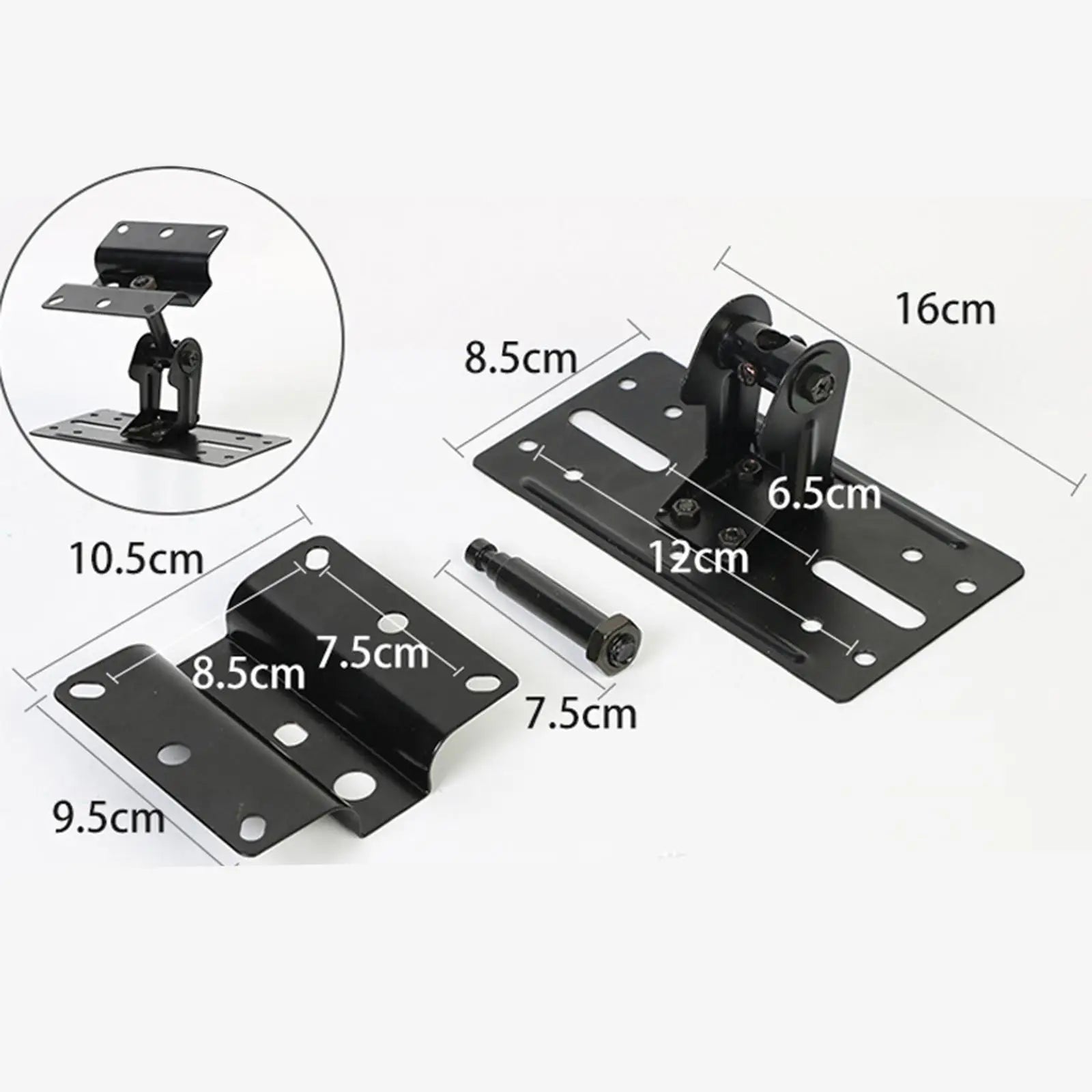 Black metal speaker wall mounted bracket set with adjustable arm and mounting plates for universal surround sound use