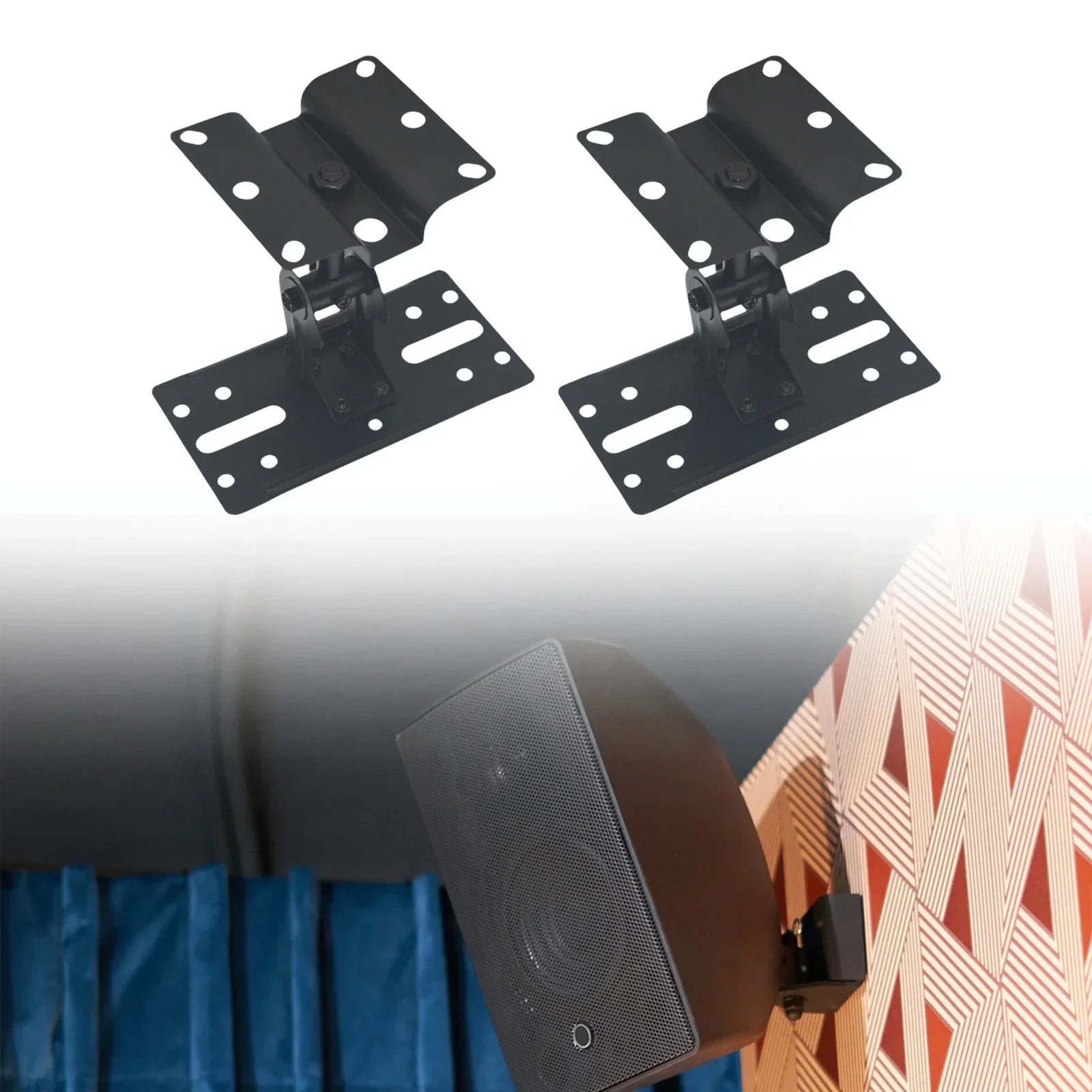 Black metal speaker wall mounted bracket with adjustable hinge and multiple mounting holes for universal surround sound