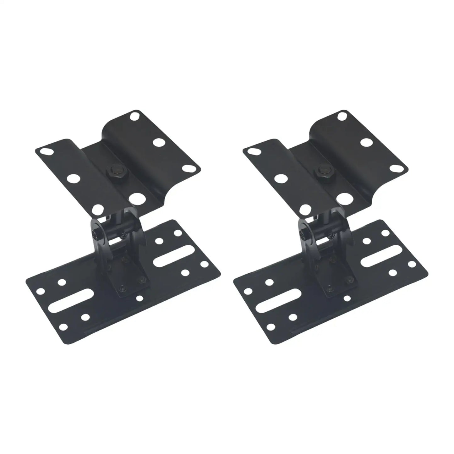 Black metal speaker wall mounted brackets with multiple mounting holes for secure universal surround sound installation