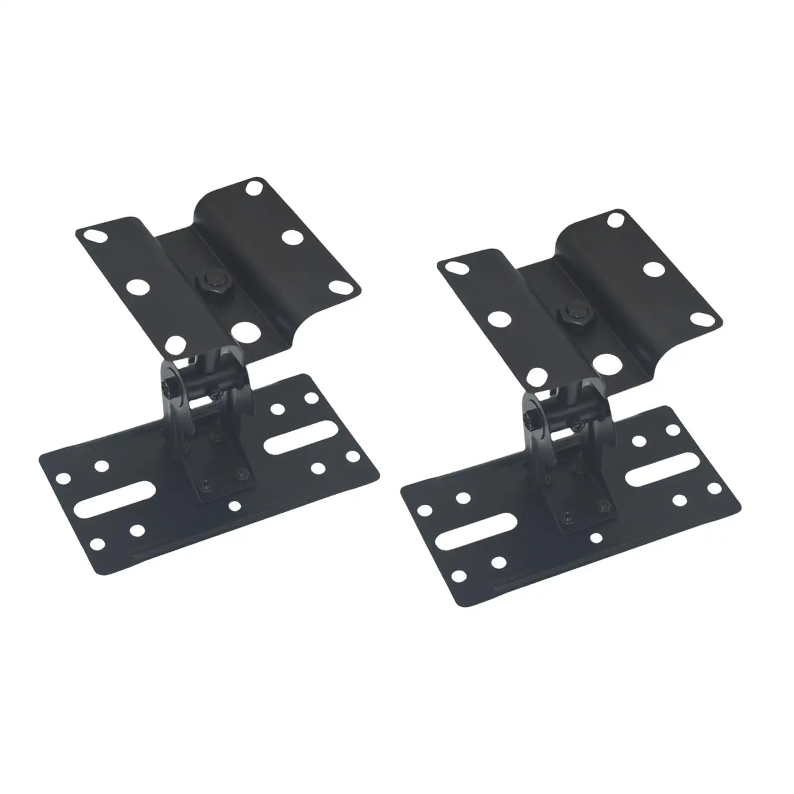 Black metal speaker wall mounted brackets with adjustable arms and multiple mounting holes for universal surround sound use