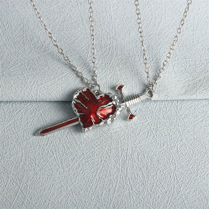 Silver chain necklace with red enamel sword pierced heart pendant for 2pcs swords heart punk heart matching gift