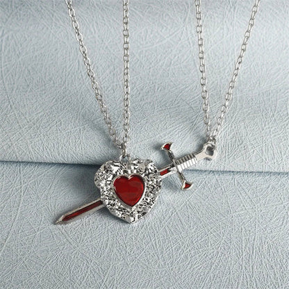 Silver sword and heart pendant necklace with red enamel inlay from 2pcs swords heart punk heart matching couple friendship fashion gift