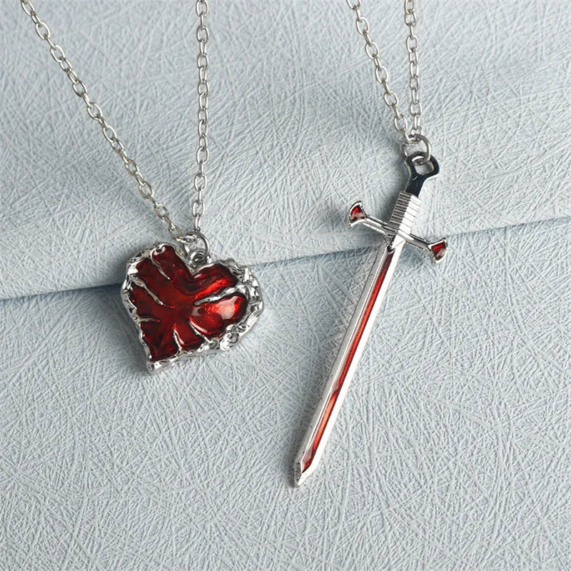 Silver chain necklace with a red enamel heart pendant and sword charm for 2pcs swords heart punk heart matching couples