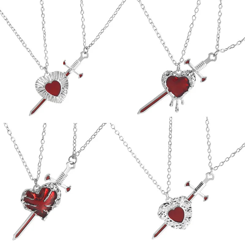 Silver 2pcs swords heart pendant necklaces with red enamel hearts for punk heart matching couple friendship fashion gift