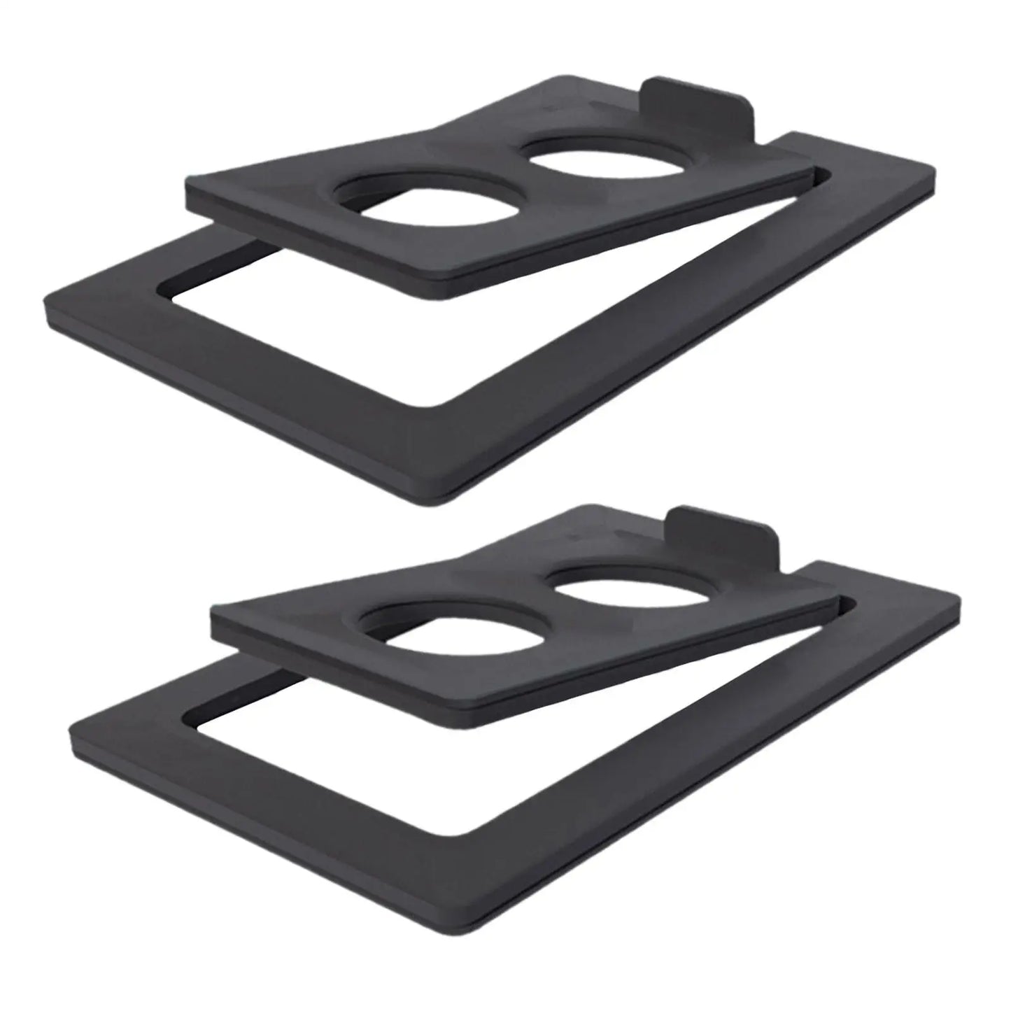 Black plastic desktop speaker stands with rectangular shape and two circular cutouts for studio speakers 2pcs tilted desktop